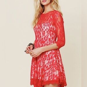NWOT FREE PEOPLE Lace Holiday Red Asymmetrical Mini Dress